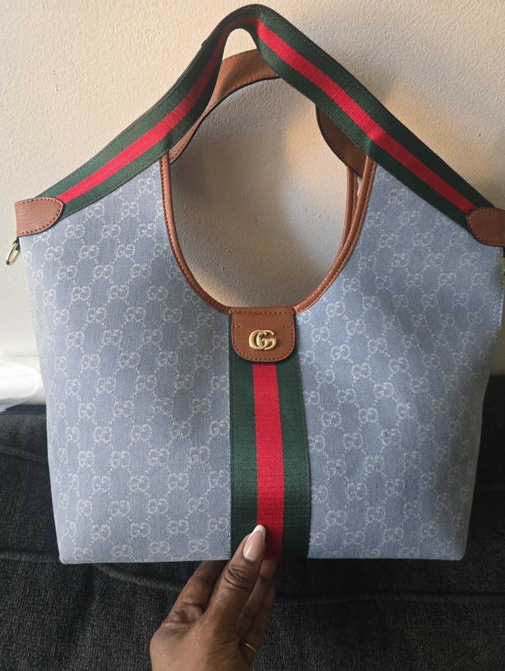 Super Cotton Denim Light Blue GiG Monogram Work Tote Green/Red Stripe Straps